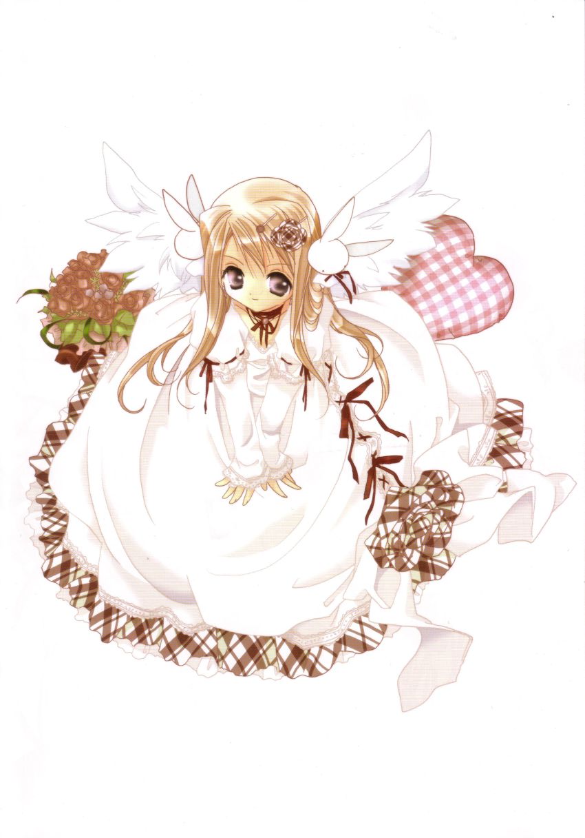 1girl absurdres angel angel_wings bouquet dress female_focus flower frills hair_ornament hairclip highres koge_donbo long_hair misha misha_(pita_ten) official_art pink_hair pita_ten plaid rabbit_hair_ornament rose scan simple_background solo white_background white_dress white_wings wings
