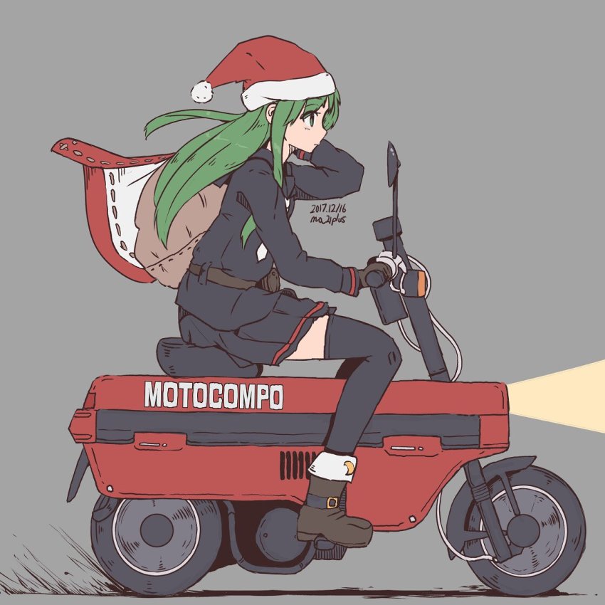 1girl black_serafuku black_thighhighs brown_footwear crescent crescent_pin dated female_focus from_side full_body green_eyes green_hair grey_background hat honda_motocompo kantai_collection long_hair minibike motor_vehicle motorcycle munehiro_(21plus) nagatsuki_(kancolle) necktie noped santa_hat school_uniform serafuku solo thighhighs twitter_username white_necktie