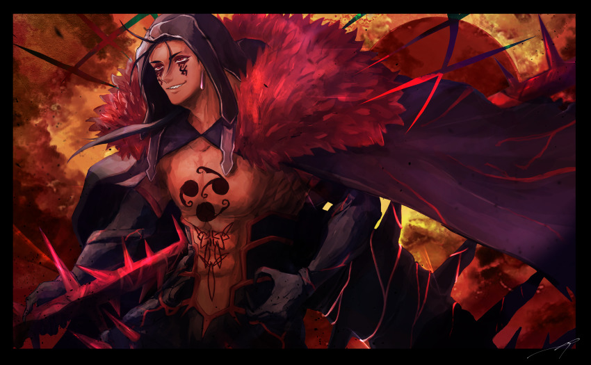 1boy armor bodysuit cu_chulainn_(fate) cu_chulainn_alter_(fate) cu_chulainn_alter_(third_ascension)_(fate) earrings facial_mark fate/grand_order fate_(series) fur-trimmed_collar fur_trim grin highres hood hood_up jewelry male_focus pectorals red_eyes sano_(hospital_0434) sharp_teeth smile solo tail tattoo teeth