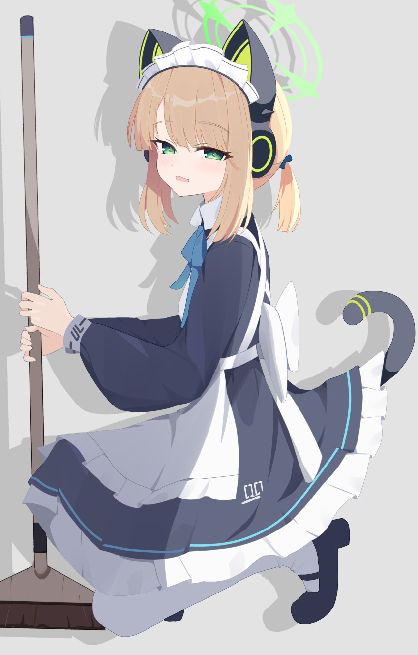 1girl absurdres animal_ear_headphones animal_ears apron back_bow black_dress black_shoes black_tail blonde_hair blue_archive blue_bow blue_ribbon blush bow broom cat_ear_headphones cat_ears cat_tail collared_dress dress fake_animal_ears fake_tail frilled_apron frilled_dress frills from_side full_body green_eyes grey_background hair_bow half-closed_eyes headphones highres holding holding_broom invisible_floor long_sleeves looking_at_viewer maid maid_apron maid_headdress mary_janes medium_hair midori_(blue_archive) midori_(maid)_(blue_archive) millennium_science_school_logo neck_ribbon number_print official_alternate_costume official_alternate_hairstyle on_one_knee open_mouth pantyhose parted_bangs ponytail puffy_long_sleeves puffy_sleeves ribbon shadow shoes sidelocks simple_background smile solo swept_bangs tail tail_raised tiptoes white_apron white_bow white_headdress white_pantyhose zizhucan