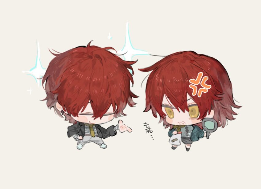 1boy 1girl anger_vein chibi chibi_only closed_eyes full_body hair_between_eyes jacket long_sleeves necktie open_clothes open_jacket original pants qyzhiaiyisheng red_hair shirt shoes short_hair simple_background sneakers v-shaped_eyebrows yellow_eyes yellow_necktie