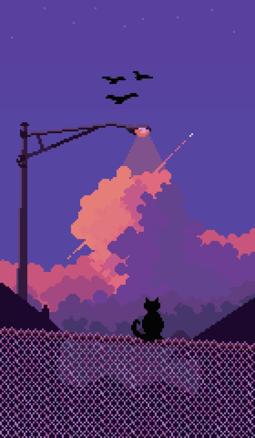 bird cat chain-link_fence cloud cloudy_sky eastblueace fence highres lamppost no_humans on_fence original pastel_colors pink_clouds pink_theme pixel_art rocket_ship scenery shadow shooting_star silhouette sitting sky spacecraft star_(sky) starry_sky
