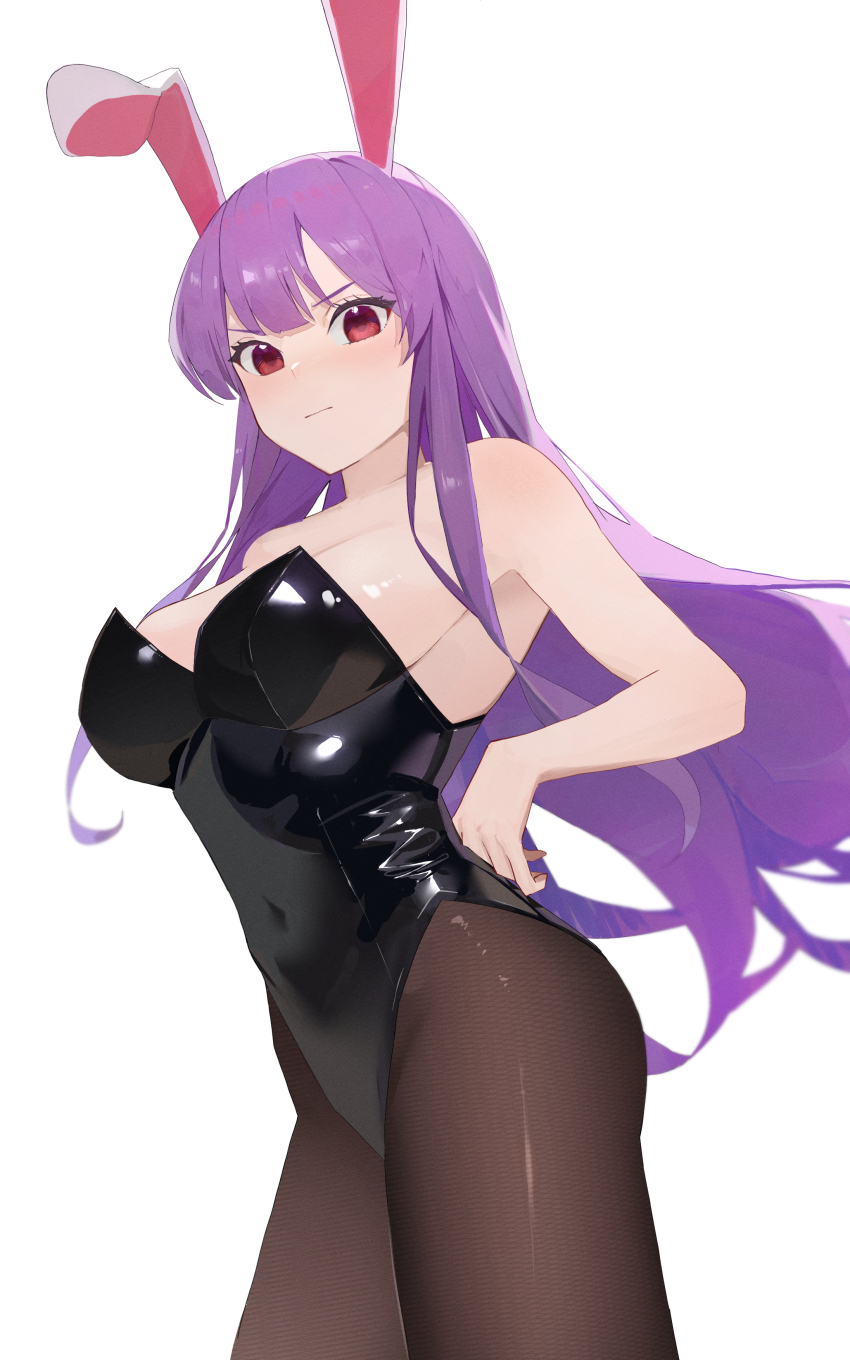 1girl absurdres animal_ears armpit_peek bare_shoulders black_leotard blunt_bangs breasts closed_mouth commentary_request covered_navel cowboy_shot from_below glaring hand_on_own_hip highres large_breasts leotard light_blush long_hair looking_at_viewer no_tail palulap pantyhose purple_eyes purple_hair rabbit_ears reisen_udongein_inaba sideboob simple_background solo touhou v-shaped_eyebrows very_long_hair white_background