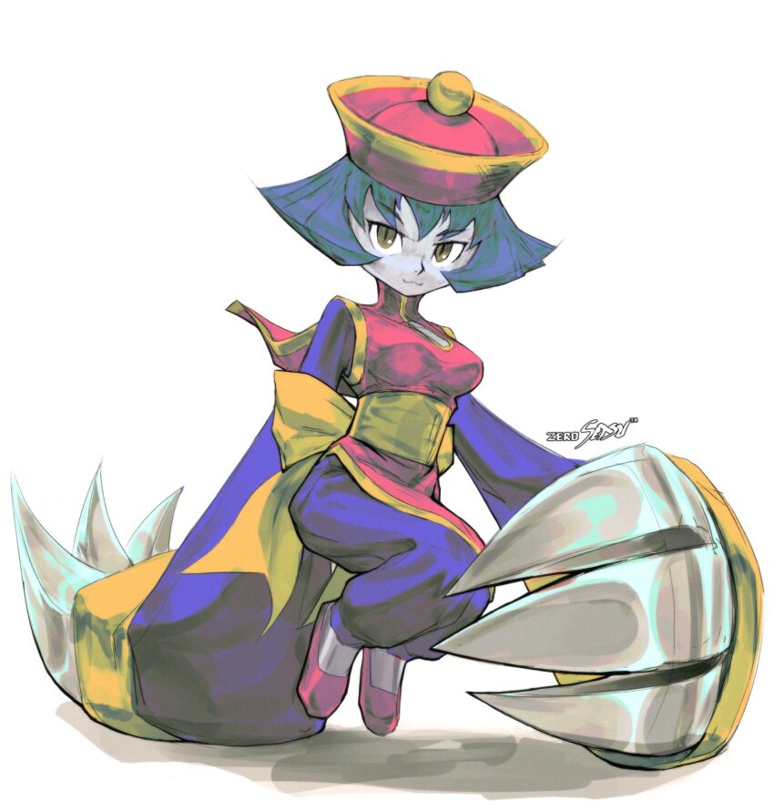 1girl blue_hair blue_skin breasts chibi chinese_clothes claw_(weapon) claws cleavage_cutout closed_mouth clothing_cutout colored_skin darkstalkers dress flats flipped_hair hat highres hsien-ko jiangshi long_sleeves looking_at_viewer medium_breasts ofuda qingdai_guanmao short_hair sleeves_past_wrists smile solo weapon yellow_eyes zero_setsu