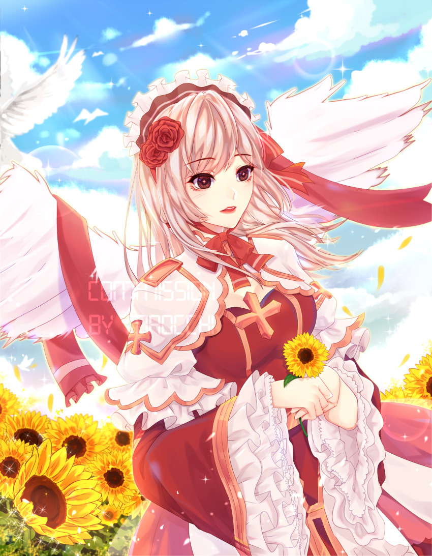 1girl arch_bishop_(ragnarok_online) blue_sky bow bowtie breasts brown_eyes brown_hairband cleavage cleavage_cutout clothing_cutout cloud commentary commission cowboy_shot cross day dress english_commentary feathered_wings flower frilled_dress frilled_hairband frilled_sleeves frills grey_hair hair_flower hair_ornament hairband highres holding holding_flower large_breasts long_hair looking_afar maocchi official_alternate_costume open_mouth outdoors petals ragnarok_online red_bow red_bowtie red_dress red_flower red_rose rose sky solo sunflower two-tone_dress white_dress white_wings wings yellow_flower