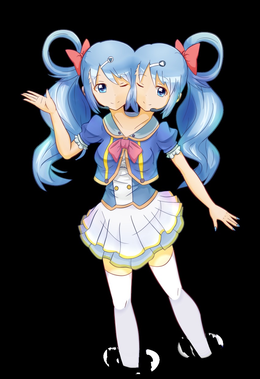 1girl absurdres blue_hair conjoined hair_ornament hairpin highres idol ribbon swallowtail thighhighs twintails two_heads wink