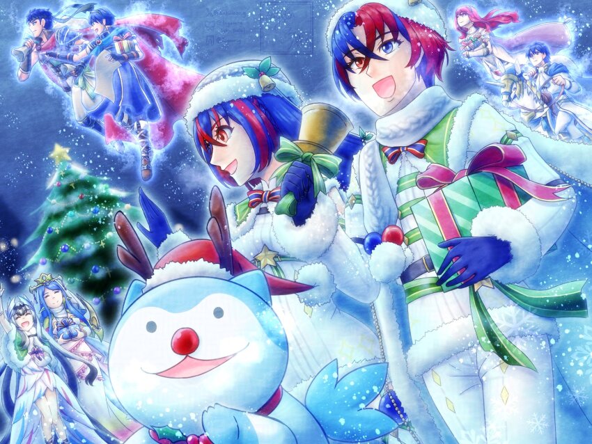 antlers aqua_fur bell blue_gloves celica_(emblem)_(fire_emblem) celica_(fire_emblem) christmas_tree deer_antlers fake_antlers female_alear_(fire_emblem) female_alear_(gifted_dragons)_(fire_emblem) fire_emblem fire_emblem_engage fire_emblem_heroes fur-trimmed_headwear fur_trim fur_wrist_cuffs gift gloves heterochromia highres holding holding_bell holding_gift horns ike_(emblem)_(fire_emblem) ike_(fire_emblem) lumera_(fire_emblem) male_alear_(fire_emblem) male_alear_(gifted_dragons)_(fire_emblem) marth_(emblem)_(fire_emblem) marth_(fire_emblem) nintendo sigurd_(emblem)_(fire_emblem) sigurd_(fire_emblem) sommie_(fire_emblem) suzulagu_g veyle_(fire_emblem) white_fur wrist_cuffs
