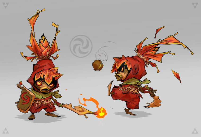 1other absurdres ambiguous_gender angry brown_scarf commentary_request deku deku_scrub fire flaming_weapon glowing glowing_eyes gradient_background grey_background hat highres holding holding_shield holding_weapon leaf leg_up looking_at_viewer multiple_views nintendo original red_eyes red_headwear red_shorts richard_carey scar scar_across_eye scar_on_face scarf shield short_hair shorts standing the_legend_of_zelda triforce weapon