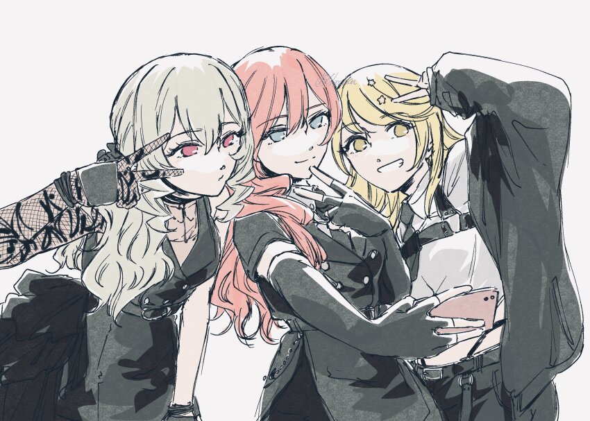 3girls belt belt_buckle black_jacket black_necktie black_pants blonde_hair blue_eyes buckle buttons cellphone chest_harness collared_shirt commentary_request double-parted_bangs elbow_gloves fingerless_gloves fishnet_gloves fishnets gloves grey_hair grin hair_between_eyes hair_ornament hair_over_shoulder hand_up harness highres holding holding_phone jacket leaning_back leaning_forward leaning_to_the_side long_hair long_sleeves looking_at_object multiple_girls necktie official_alternate_costume ootsuki_aruru open_clothes open_jacket pants parted_bangs parted_lips phone pink_eyes pink_hair print_gloves saijou_claudine selfie shirt short_sleeves shoujo_kageki_revue_starlight shoujo_kageki_revue_starlight_-re_live- shozoku side-by-side sidelocks signature simple_background single_elbow_glove skirt sleeveless sleeveless_jacket sleeves_past_wrists smartphone smile star_(symbol) star_hair_ornament swept_bangs tsuruhime_yachiyo v v-neck v_over_eye v_over_head wavy_hair white_background white_shirt wristband yellow_eyes