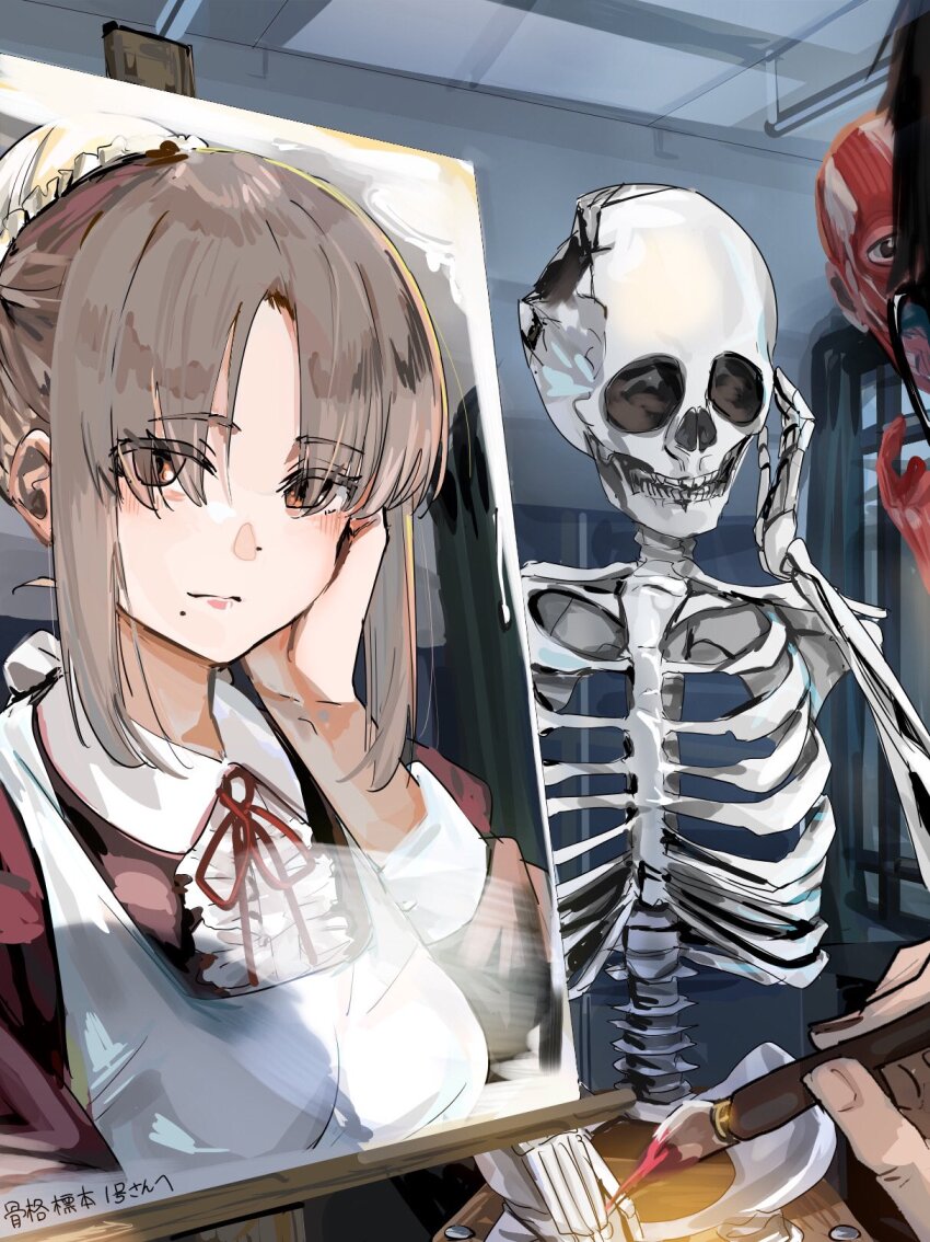 1boy 1girl 1other anatomical_model apron black_hair broken_skull brown_eyes brown_hair bun_cover canvas_(object) commentary_request dress frilled_dress frills funi_mu9 glasses hair_bun hair_over_eyes hand_on_own_face highres holding holding_paintbrush maid medium_hair modeling mole mole_under_mouth neck_ribbon original paintbrush painting_(action) painting_(object) parted_bangs red_dress red_ribbon ribbon single_hair_bun sitting skeleton white_apron