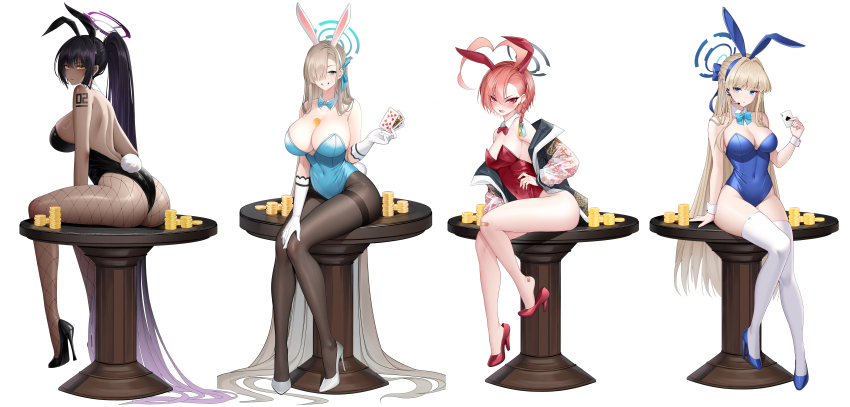 4girls absurdly_long_hair absurdres ahoge animal_ear_hairband animal_ears ass asuna_(blue_archive) asuna_(bunny)_(blue_archive) asymmetrical_hair backless_leotard bandaid bandaid_on_foot bandaid_on_knee bandaid_on_leg bare_back bare_legs between_breasts black_footwear black_hair black_halo black_leotard black_pantyhose blonde_hair blue_archive blue_bow blue_bowtie blue_eyes blue_footwear blue_halo blue_leotard blue_ribbon bow bowtie braid breasts brown_hair card cleavage coin collar commentary_request covered_navel dark-skinned_female dark_skin detached_collar fake_animal_ears fake_tail fishnet_pantyhose fishnets full_body gloves gradient_hair grin hair_over_one_eye hair_ribbon hairband halo hand_up high_heels high_ponytail highres holding holding_card huge_ahoge jacket karin_(blue_archive) karin_(bunny)_(blue_archive) large_breasts leotard long_hair looking_at_viewer merueru mole mole_under_each_eye mole_under_eye multicolored_hair multiple_girls multiple_moles neru_(blue_archive) neru_(bunny)_(blue_archive) official_alternate_costume orange_hair oversized_breast_cup pantyhose playboy_bunny ponytail print_jacket purple_hair rabbit_ears rabbit_tail red_bow red_bowtie red_eyes red_footwear red_leotard ribbon shoe_dangle short_hair simple_background single_braid sitting smile strapless strapless_leotard sukajan table tail thighhighs thighs toki_(blue_archive) toki_(bunny)_(blue_archive) traditional_bowtie very_long_hair white_background white_collar white_footwear white_gloves white_hairband white_thighhighs yellow_eyes