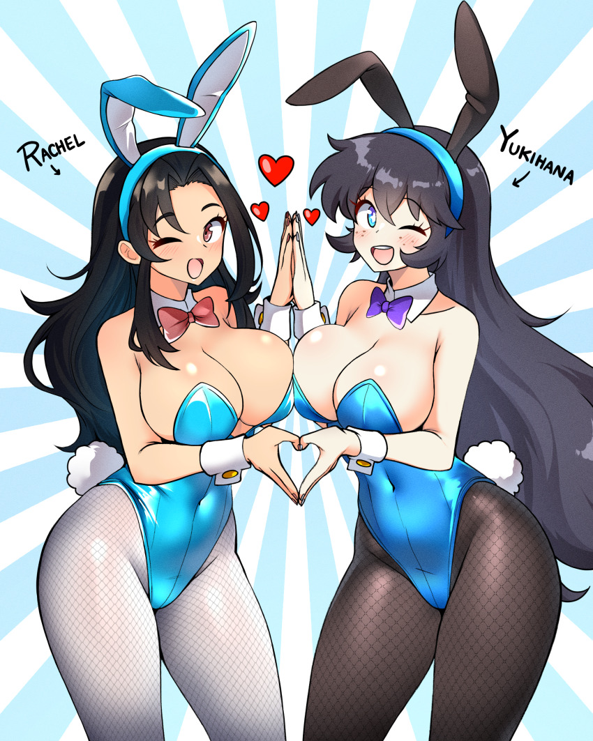 2girls absurdres animal_ears aqua_leotard asymmetrical_docking black_hair black_pantyhose blue_eyes bow bowtie breast_press breasts brown_eyes commentary detached_collar english_commentary fishnet_pantyhose fishnets grey_pantyhose highres jarckius large_breasts leotard long_hair multiple_girls nail_polish one_eye_closed original pantyhose playboy_bunny purple_bow purple_bowtie rabbit_ears rabbit_tail red_bow red_bowtie strapless strapless_leotard tail wrist_cuffs