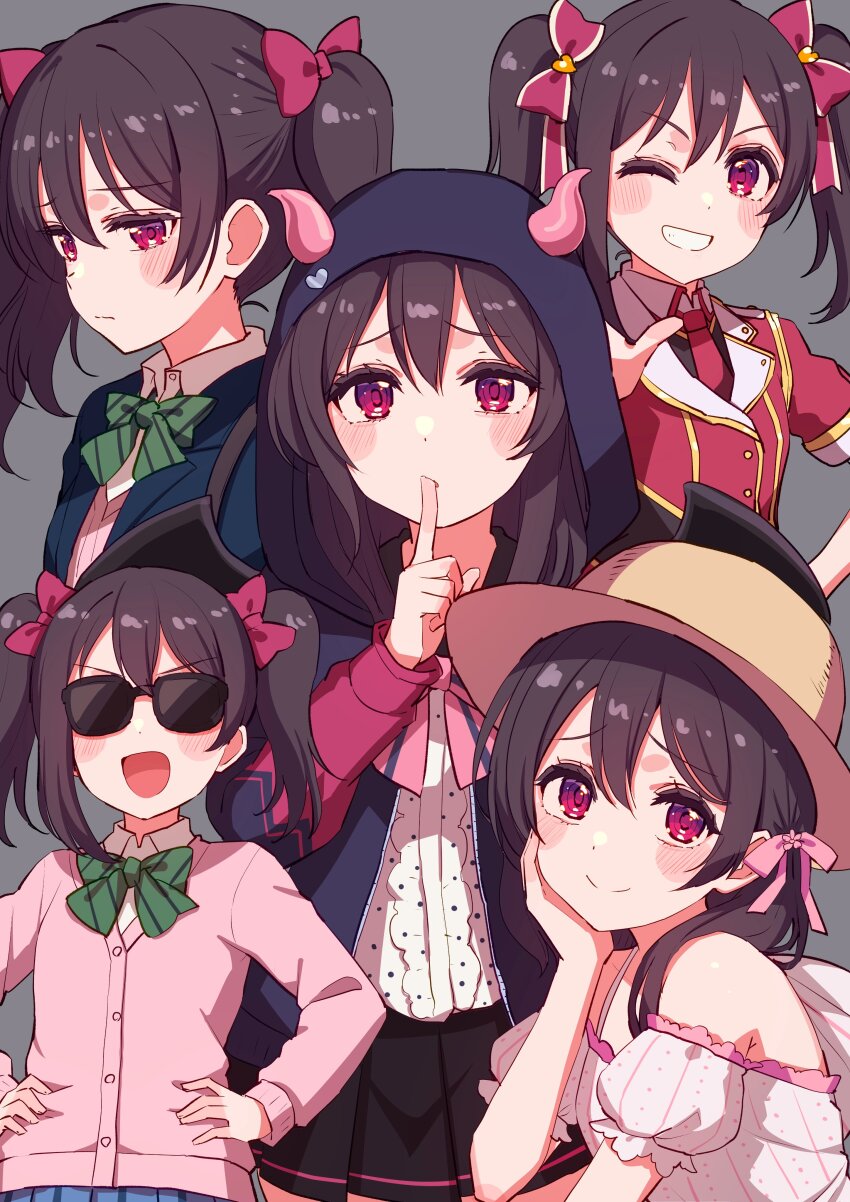 1girl absurdres alternate_hairstyle bare_shoulders black_hair black_skirt blazer blue_hoodie blue_jacket blue_skirt blush bokura_no_live_kimi_to_no_life bow bowtie breasts cardigan closed_mouth cowboy_shot cream_(nipakupa) diagonal-striped_bow diagonal-striped_bowtie diagonal-striped_clothes dress dress_shirt finger_to_mouth furrowed_brow green_bow green_bowtie grey_background grin hair_bow hair_ornament hand_on_own_cheek hand_on_own_face hand_on_own_hip hand_up hands_on_own_hips hat heart highres hood hood_up hoodie horned_hood horns index_finger_raised jacket little_devil_(love_live!) long_sleeves looking_at_viewer looking_to_the_side love_live! love_live!_school_idol_project medium_breasts multiple_views necktie official_alternate_costume official_alternate_hairstyle one_eye_closed open_clothes open_jacket open_mouth otonokizaka_school_uniform parted_lips pink_bow pink_bowtie pink_cardigan pleated_skirt raised_inner_eyebrows red_eyes red_necktie sad school_uniform shirt short_sleeves shushing simple_background skirt sleeveless sleeveless_dress small_breasts smile smug straw_hat striped_bow striped_bowtie striped_clothes summer_uniform sundress twintails v-shaped_eyebrows white_dress white_shirt winter_uniform yazawa_nico