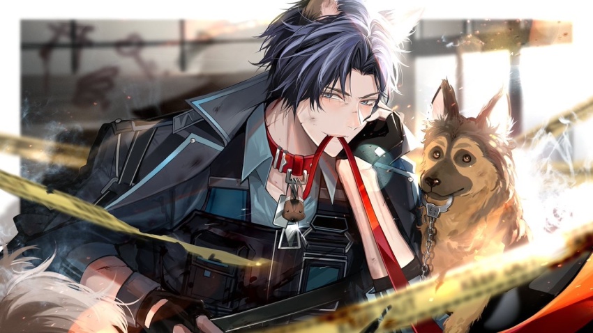 animal_ears black_claws blue_eyes caelen_strayfe caution_tape collar crown_(artist) cuffs dog_ears dog_tags fingerless_gloves first_stage_production german_shepherd gloves keep_out leash police red_collar scratches shackles tail virtual_youtuber