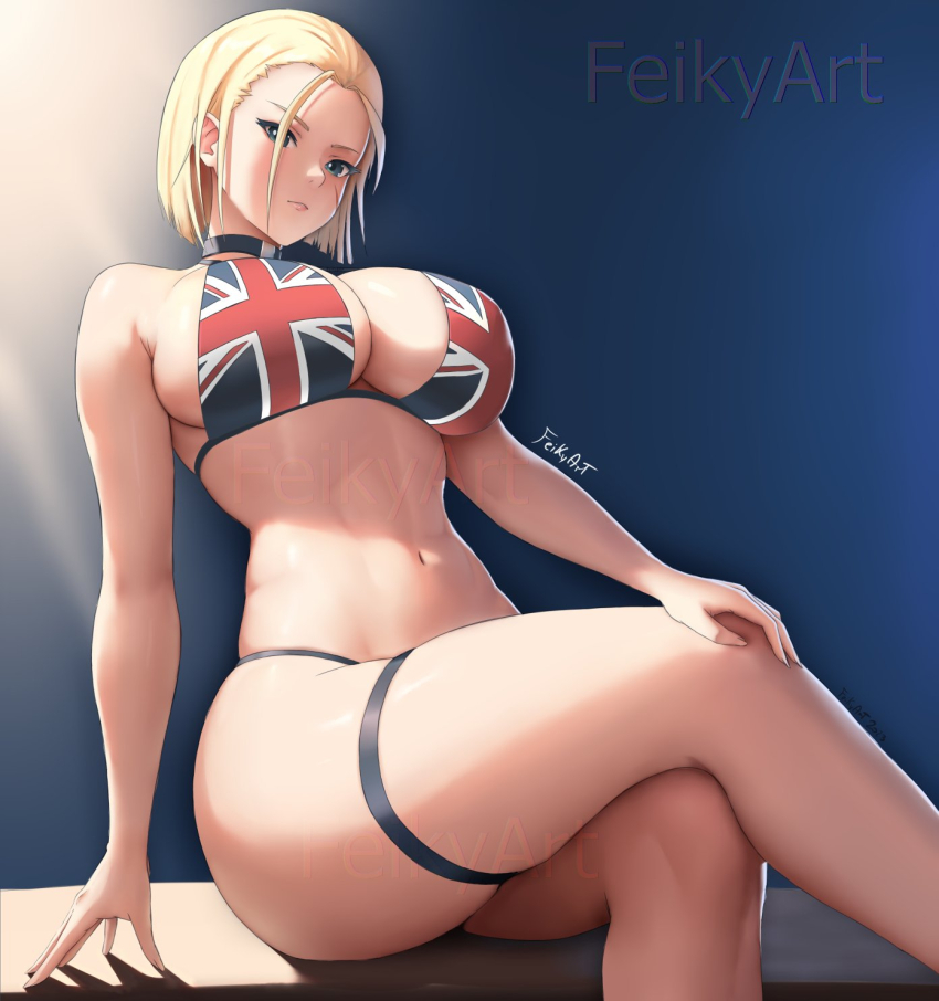 1girl alternate_breast_size artist_name bikini blonde_hair breasts cammy_white cleavage commentary crossed_legs facial_scar feikyart flag_print gradient_background green_eyes highres huge_breasts large_breasts navel patreon_logo patreon_username relaxing scar scar_on_cheek scar_on_face short_hair sideboob sitting solo street_fighter street_fighter_6 swimsuit thick_thighs thigh_strap thighs union_jack_bikini