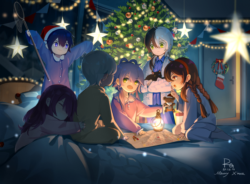 2boys 4girls absurdres arms_up asamayuki_ra black_hair blue_eyes blue_hair blue_pajamas braid brown_hair child christmas christmas_lights christmas_ornaments christmas_stocking christmas_tree closed_eyes commentary crayon fang fur-trimmed_headwear fur_trim green_eyes grey_hair hair_rings hat highres holding holding_stuffed_toy hug hug_from_behind index_finger_raised indoors lamp leaning_on_person long_hair luo_tianyi map merry_christmas mo_qingxian multicolored_hair multiple_boys multiple_girls night open_mouth outstretched_arms pajamas ponytail purple_hair red_headwear santa_hat signature smile star_ornament string_of_flags stuffed_animal stuffed_toy teddy_bear twin_braids two-tone_hair under_covers vocaloid vsinger_(vocaloid) white_hair wreath yanhe yuezheng_ling yuezheng_longya zhiyu_moke