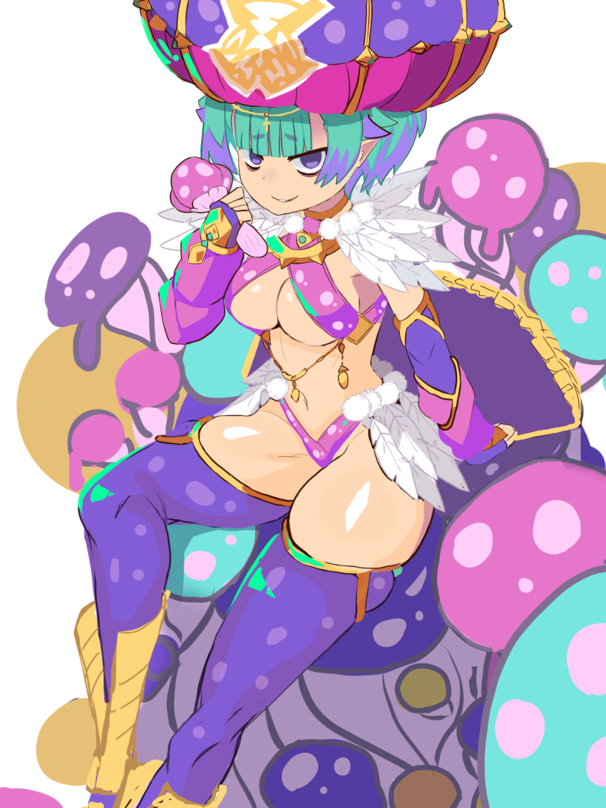 1girl bikini breasts capelet cleavage detached_sleeves fate/grand_order fate_(series) feathers green_hair hat highres locusta_(fate) locusta_(third_ascension)_(fate) looking_at_viewer medium_breasts multicolored_hair mushroom navel purple_bikini purple_capelet purple_eyes purple_hair purple_hat purple_thighhighs short_hair sitting smile solo swimsuit thighhighs two-tone_hair user_fkzw8222