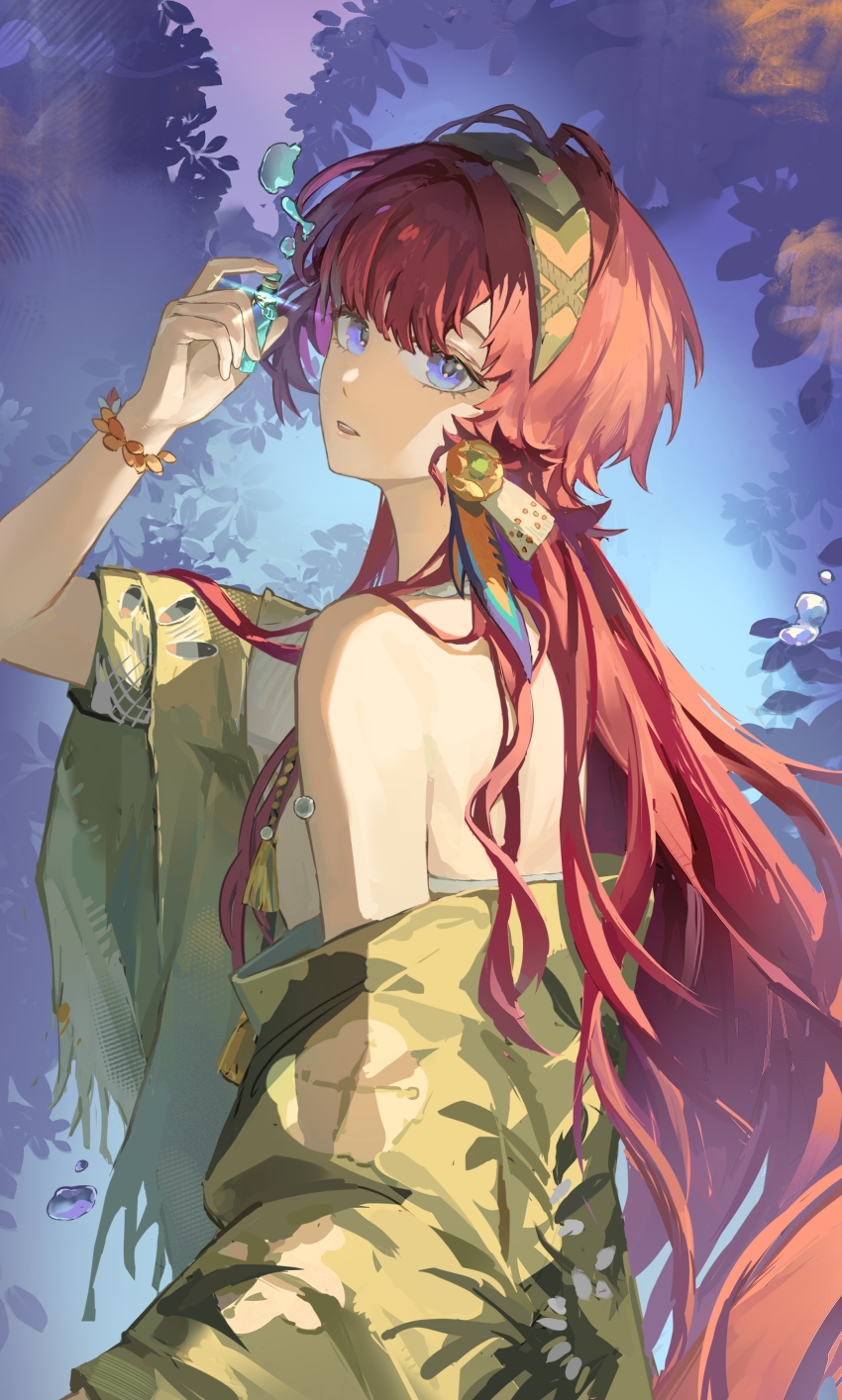 absurdres bare_shoulders blue_eyes bottle capelet dress from_side green_capelet green_hairband hairband hand_up highres holding holding_bottle long_hair looking_at_viewer official_alternate_costume parted_lips purple_background red_hair reverse:1999 sleeveless sleeveless_dress smile tree very_long_hair water_drop white_dress yenisei_(around_the_riverbend)_(reverse:1999) yenisei_(reverse:1999) zhongyuanqing