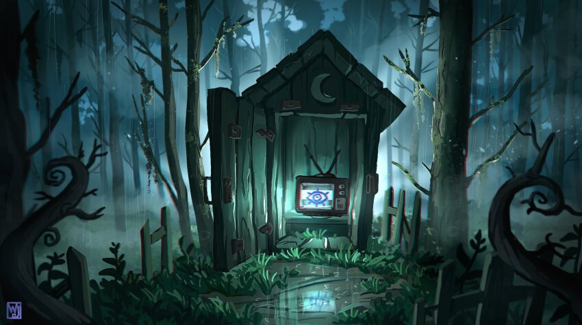 architecture artist_logo bare_tree building commentary crescent crt english_commentary eye_symbol fog foliage forest glowing grass highres logo nature night no_humans original outdoors outhouse plant puddle rain scenery static television thorns tree vines waltjan water