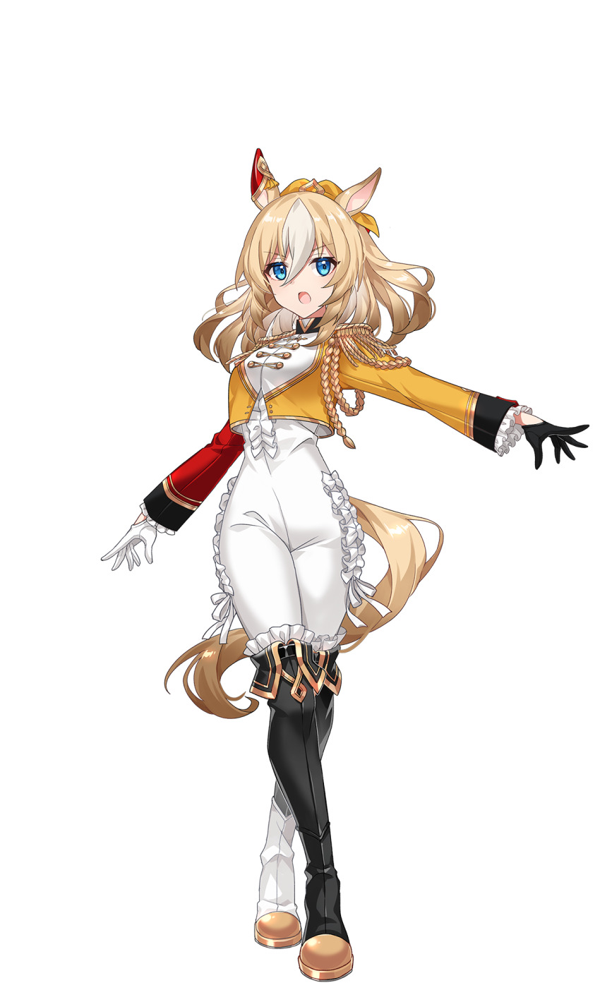 1girl aiguillette animal_ears artist_request asymmetrical_footwear black_boots blonde_hair blue_eyes bodysuit bodysuit_under_clothes boots colored_inner_hair cropped_jacket durandal_(umamusume) ear_covers epaulettes fourragere frilled_sleeves frills full_body gloves highres horse_ears horse_girl horse_tail jacket long_hair long_sleeves multicolored_hair official_art open_mouth orange_jacket ouji_fashion ponytail simple_background single_ear_cover solo tachi-e tail transparent_background two-tone_hair umamusume white_bodysuit white_gloves
