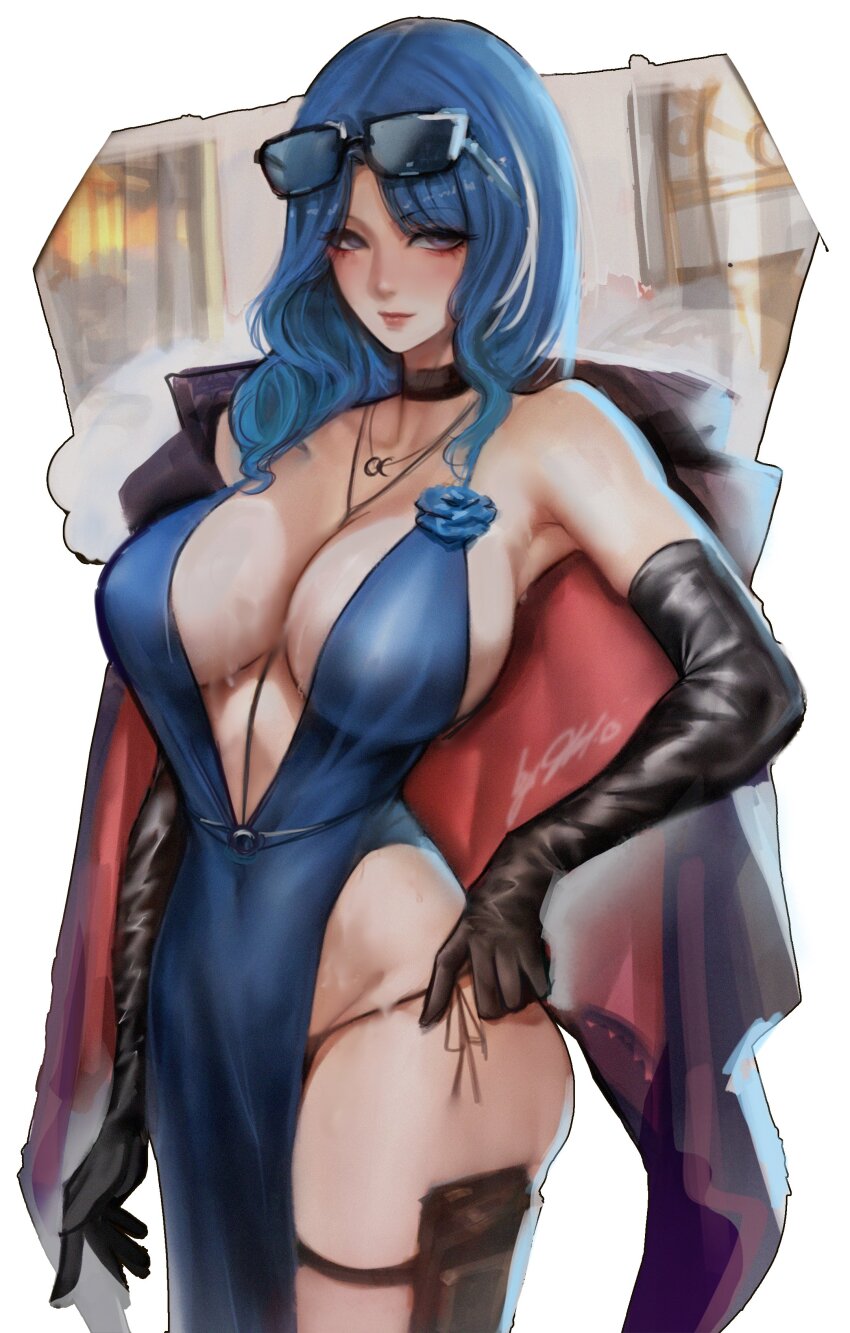 1girl absurdres bare_shoulders black_choker black_gloves blue_dress blue_hair breasts choker cleavage closed_mouth coat coat_on_shoulders commentary dp-12_(girls&#039;_frontline) dress elbow_gloves evening_gown eyewear_on_head girls&#039;_frontline girls&#039;_frontline_2:_exilium gloves grey_eyes helen_(girls&#039;_frontline_2) helen_(starlit_waltz)_(girls&#039;_frontline_2) highres holster jewelry large_breasts long_hair looking_at_viewer multicolored_hair necklace pantylines sherylnome sleeveless sleeveless_dress solo streaked_hair symbol-only_commentary thigh_holster thigh_strap white_background