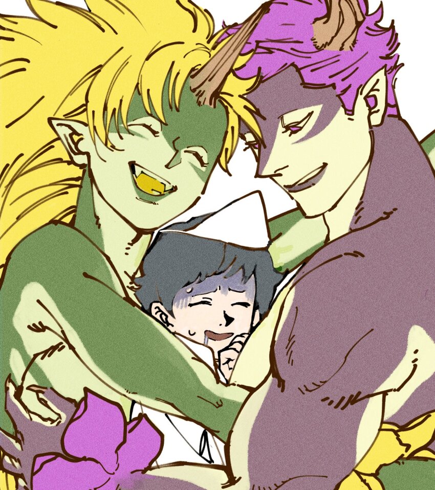 3boys blonde_hair boy_sandwich closed_eyes colored_skin commentary_request cow_boy fangs fingernails green_skin highres horns hug long_hair looking_at_another male_focus monster_boy multiple_boys original pointy_ears purple_eyes purple_hair purple_skin sandwiched sharp_fingernails short_hair simple_background single_horn upper_body very_short_hair white_background zapooo_2