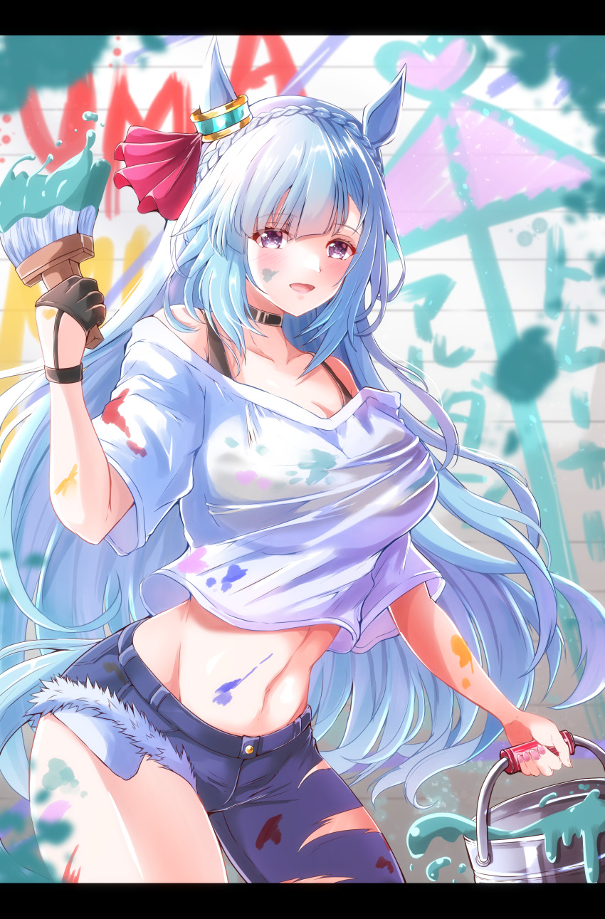 1girl absurdres animal_ears asymmetrical_clothes bare_shoulders black_choker blue_hair bra_strap braid breasts bucket choker commentary_request cowboy_shot crop_top crown_braid denim graffiti hand_up highres holding holding_brush holding_bucket horse_ears jeans kentan_(kingtaiki) large_breasts letterboxed long_hair mejiro_ardan_(umamusume) midriff navel off-shoulder_shirt off_shoulder paint_can pants purple_eyes shirt short_sleeves single_pantsleg solo standing stomach thighs umamusume very_long_hair white_shirt