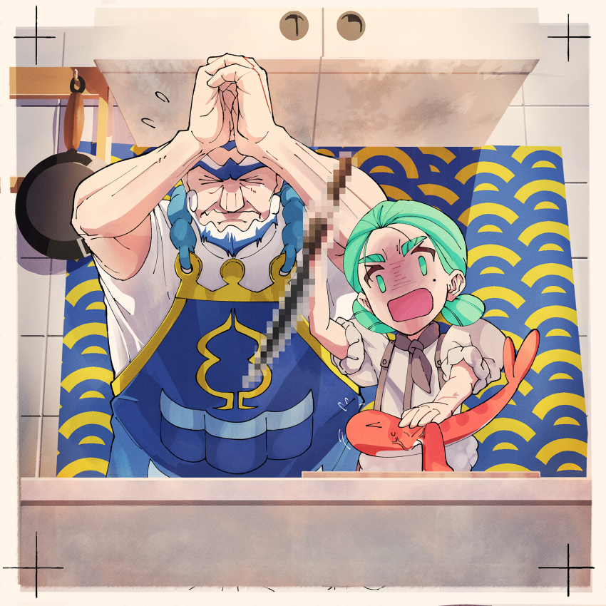 &gt;_&lt; 1boy 1girl aged_down apron ascot bald beard brown_ascot censored censored_violence chef closed_eyes closed_mouth facial_hair frying_pan green_eyes highres how_long katy_(pokemon) kofu_(pokemon) light_green_hair mole mole_on_cheek mole_under_eye nintendo open_mouth own_hands_together pokemon pokemon_(creature) pokemon_sv puffy_short_sleeves puffy_sleeves short_sleeves tatsugiri tatsugiri_(curly) unibrow wavy_mouth white_hair