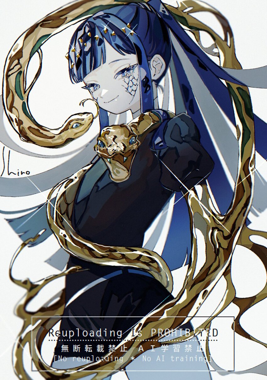 1other blue_eyes blue_hair colored_skin cowboy_shot formal_clothes gem_uniform_(houseki_no_kuni) golden_arms high_ponytail highres houseki_no_kuni long_hair looking_at_viewer other_focus phosphophyllite phosphophyllite_(ll) ponytail puffy_sleeves shiro_(kuro_guu) short_shorts shorts simple_background smile snake solo standing suit watermark white_background white_skin