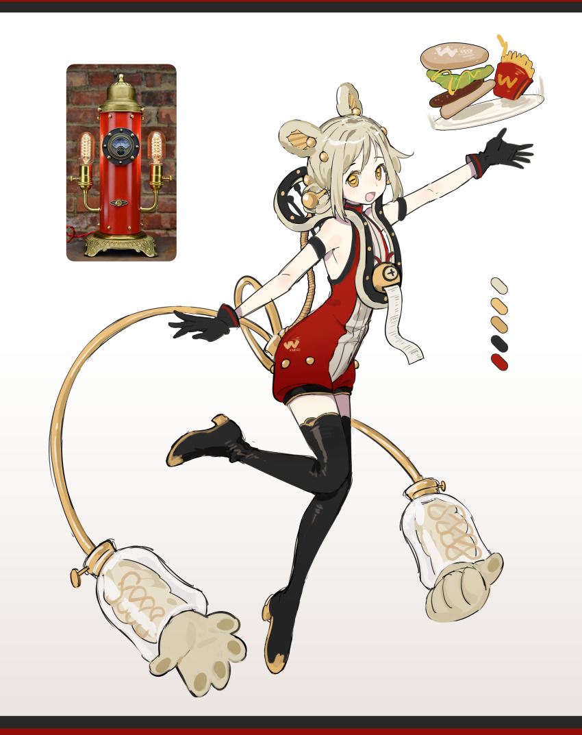 1girl absurdres animal_ears armlet bare_shoulders black_boots black_gloves blonde_hair boots burger chinese_commentary collar color_guide commentary_request eyelashes food french_fries full_body gloves gradient_background hair_bun high_heel_boots high_heels highres horizontal_pupils jewelry letterboxed mechanical_tail mouse_ears original outstretched_arms personification plate receipt red_collar red_romper reference_inset romper short_hair simple_background single_hair_bun solo tail thigh_boots wcdonald&#039;s white_background wo_jiji yellow_eyes