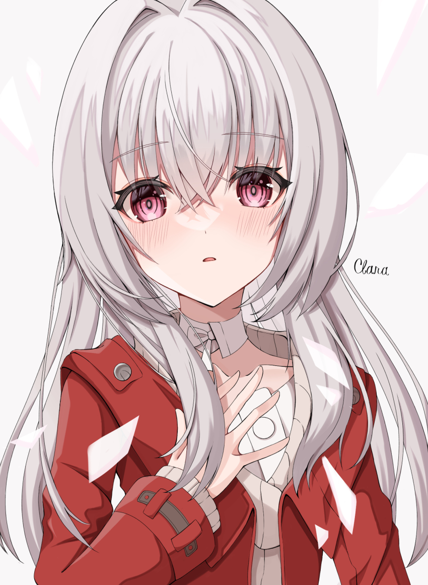 1girl character_name clara_(honkai:_star_rail) dress grey_hair hair_between_eyes hair_intakes highres honkai:_star_rail honkai_(series) jacket long_hair long_sleeves looking_at_viewer parted_lips pink_eyes red_jacket simple_background solo upper_body user_gdpe3552 white_dress