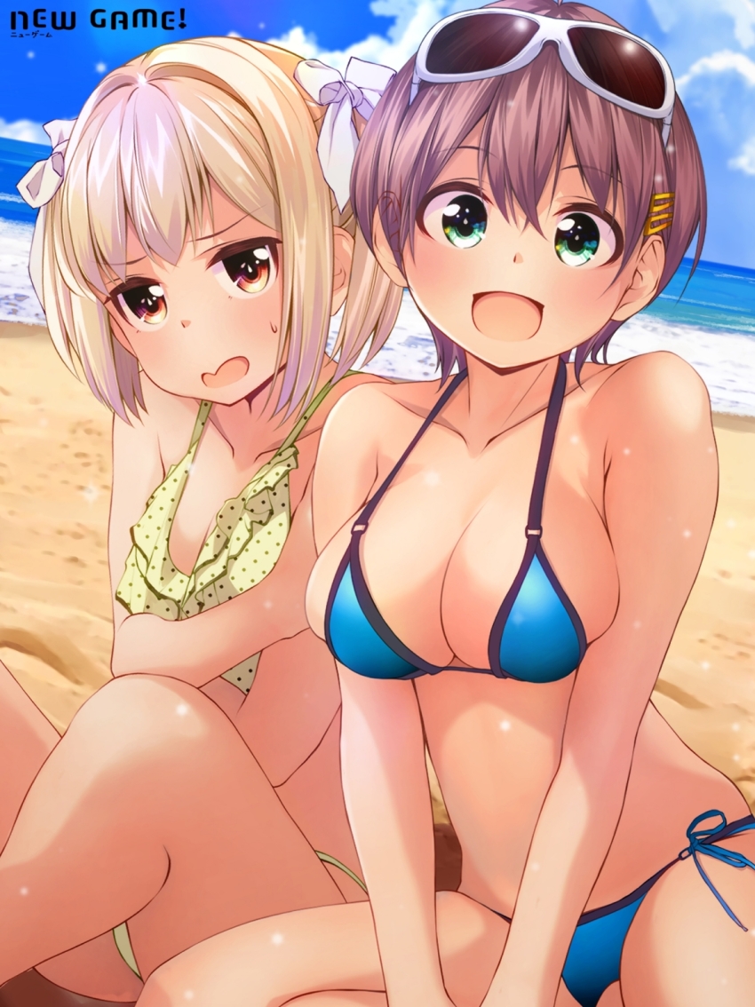 2girls beach bikini blonde_hair blue_bikini blush breasts brown_eyes brown_hair chuutaro_metal cleavage collarbone eyewear_on_head green_eyes hair_ornament hair_ribbon hairclip iijima_yun large_breasts multiple_girls new_game! ocean open_mouth outdoors polka_dot polka_dot_bikini ribbon shinoda_hajime short_hair small_breasts smile sunglasses swimsuit yellow_bikini
