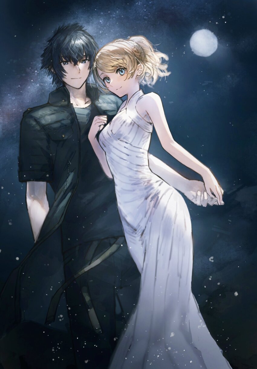 1boy 1girl asina71 bare_arms black_hair black_jacket black_pants black_shirt blonde_hair blue_eyes breasts couple dress feet_out_of_frame final_fantasy final_fantasy_xv full_moon hair_between_eyes hetero highres holding_hands jacket long_dress lunafreya_nox_fleuret medium_breasts moon noctis_lucis_caelum pants ponytail shirt short_hair short_sleeves sleeveless sleeveless_dress smile spiked_hair white_dress
