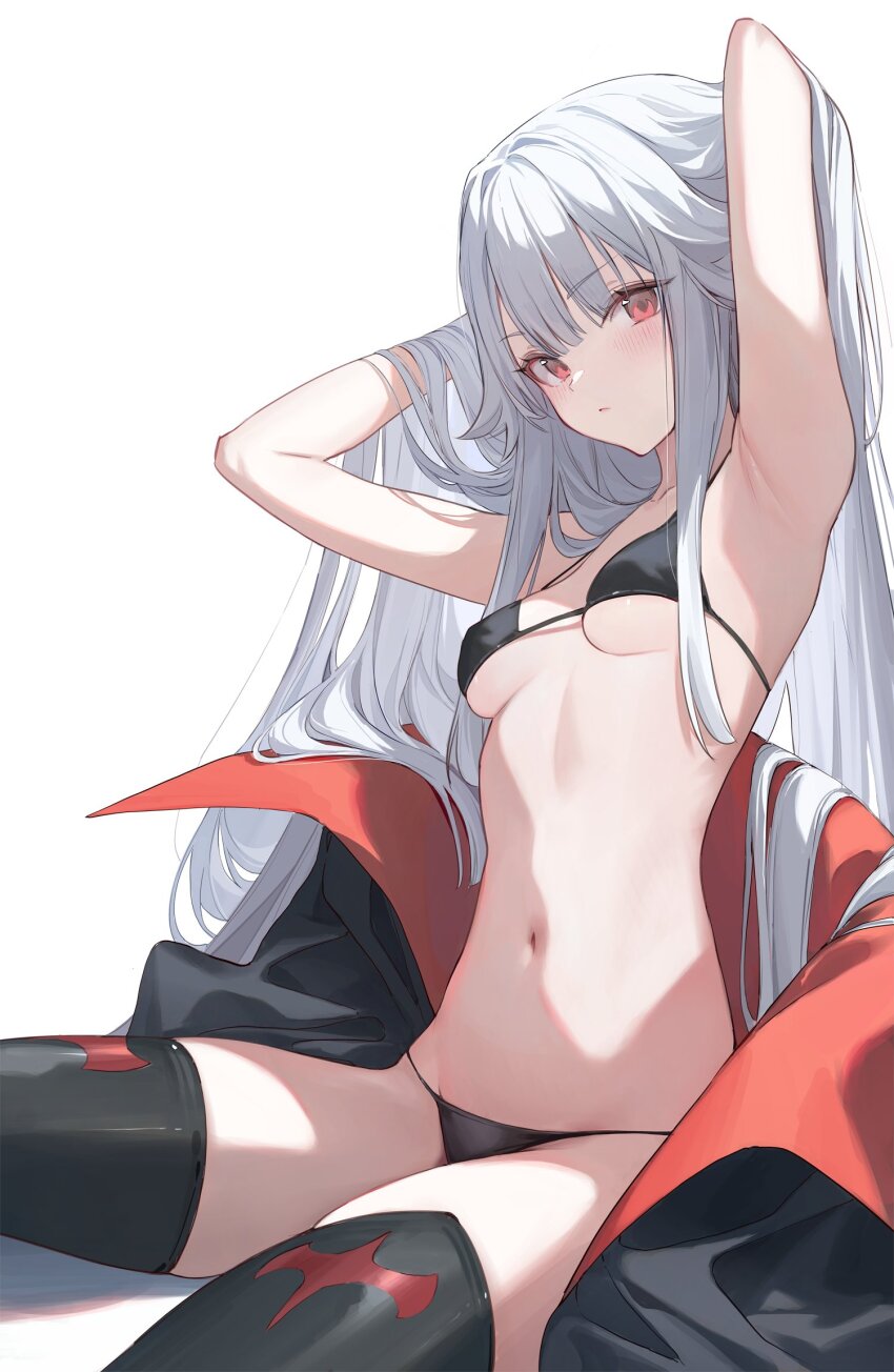 1girl armpits arms_up bikini bishoujo_mangekyou:_norowareshi_densetsu_no_shoujo bishoujo_mangekyou_(series) black_bikini black_thighhighs blush breasts cloak commentary_request expressionless guest_art highres kagarino_kirie long_hair looking_at_viewer navel nekojira red_eyes second-party_source simple_background sitting small_breasts solo swimsuit thighhighs underboob unworn_cloak very_long_hair white_background white_hair