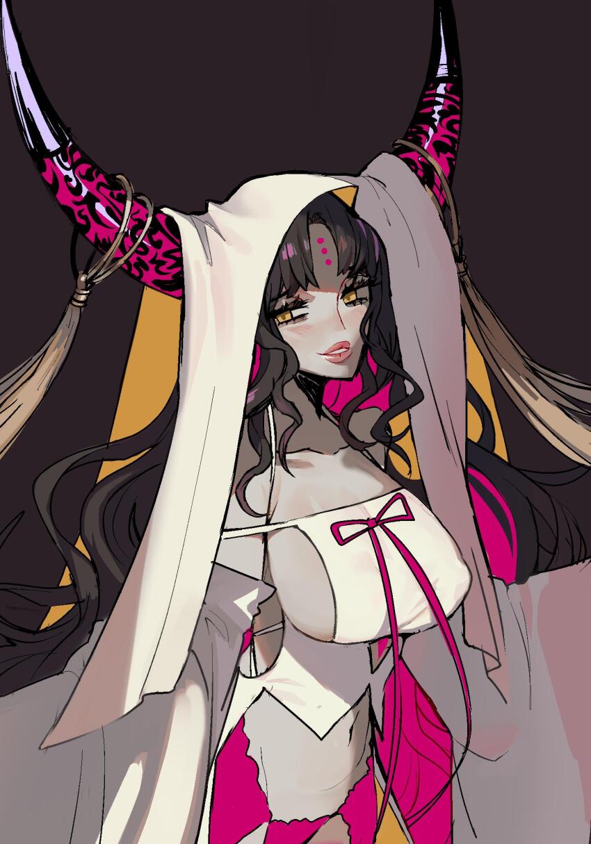 1girl black_hair breasts colored_inner_hair demon_girl demon_horns dress ennuigrl fate/grand_order fate_(series) highres horns large_breasts looking_at_viewer multicolored_hair panties parted_lips pink_hair pink_lips revealing_clothes sessyoin_kiara sessyoin_kiara_(heaven&#039;s_hole) sessyoin_kiara_(third_ascension) solo underwear veil white_dress wide_sleeves