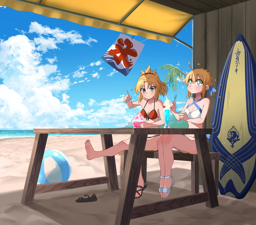 2girls absurdres ahoge akitokage artoria_pendragon_(fate) artoria_pendragon_(swimsuit_archer)_(fate) ball bare_shoulders barefoot beach beachball bench bikini blonde_hair blue_ribbon blue_sky braid breasts cleavage collarbone eating fate/grand_order fate_(series) food french_braid green_eyes hair_bun hair_ribbon highres long_hair medium_breasts mordred_(fate) mordred_(swimsuit_rider)_(fate) mother_and_daughter multiple_girls parted_bangs ponytail prydwen_(fate) red_bikini ribbon sand sandals shaved_ice sidelocks sky sparkle surfboard swimsuit table white_bikini