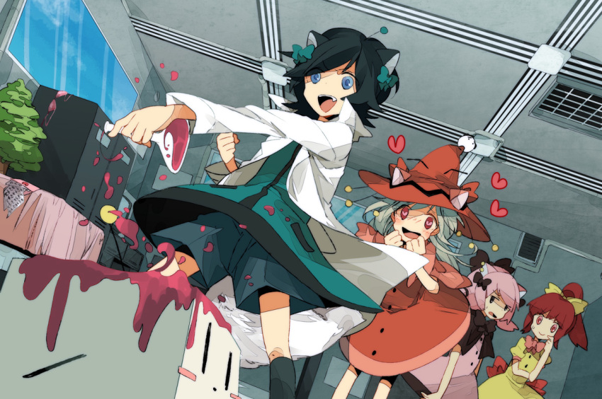 1boy 3girls agochu_ketsuago animal_ears black_hair blue_eyes blue_sky cat_ears ceiling clenched_hand dress flask hand_on_own_chin hat heart holding holding_flask kaiketsu!_nekoashi_otome-chan kinari lab_coat laboratory liquid locker mocha_coffee moochasu_dudager multiple_girls paripariume_umeko pink_dress ponytail radio_antenna red_dress red_eyes red_hair robot round-bottom_flask short_twintails shorts sky standing towelket_wo_mou_ichido tree twintails window witch_hat yellow_dress