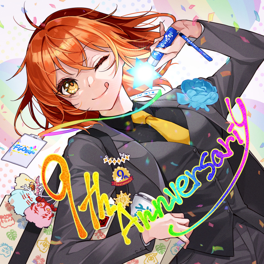 1girl ;p absurdres ahoge anniversary black_suit blue_flower breasts cernunnos_(fate) character_doll collared_shirt doll english_text fate/grand_order fate_(series) flower formal_clothes fujimaru_ritsuka_(female) hair_between_eyes highres ichino_tomizuki jacket lanyard long_sleeves medium_breasts necktie one_eye_closed orange_eyes orange_hair saint_quartz_(fate) shirt short_hair smile suit suit_jacket tongue tongue_out yellow_necktie