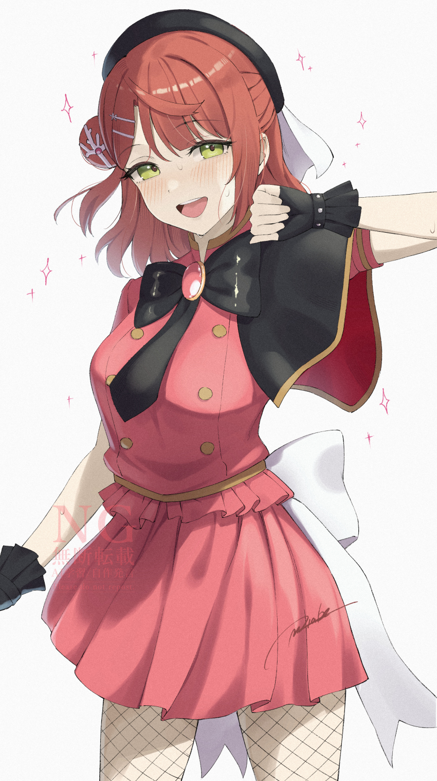 1girl :d absurdres beret black_bow black_bowtie black_capelet black_gloves black_hat black_necktie blunt_bangs blush bow bowtie breasts buttons capelet commentary_request coral_hair_ornament double-breasted fingerless_gloves fishnet_pantyhose fishnets frilled_gloves frills gloves green_eyes hair_bun hair_ornament hairclip half_updo hat highres large_breasts looking_at_viewer love_live! love_live!_nijigasaki_high_school_idol_club love_live!_nijigasaki_high_school_idol_club_the_movie_-_finale masami_atabe medium_hair miniskirt necktie official_alternate_costume open_mouth orange_hair pantyhose pink_shirt pink_skirt shirt short_sleeves side_cape simple_background single_side_bun skirt skirt_set smile solo sparkle stellar_stream_(love_live!) swept_bangs teeth uehara_ayumu upper_teeth_only white_background