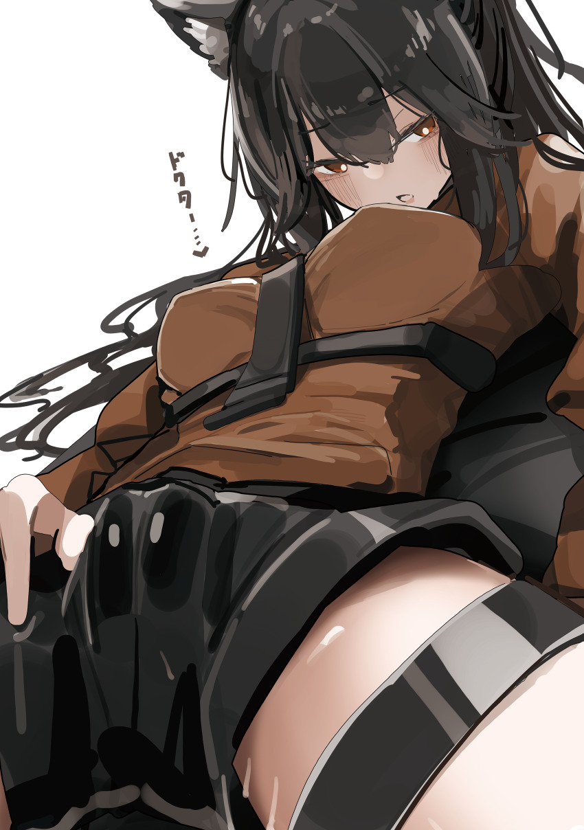 1girl absurdres animal_ear_fluff animal_ears arknights black_hair black_necktie black_shorts brown_eyes hair_between_eyes heart highres long_hair long_sleeves looking_at_viewer necktie official_alternate_costume open_mouth red_shirt shirt short_shorts shorts simple_background solo taiiiyakiii texas_(arknights) texas_(willpower)_(arknights) white_background wolf_ears wolf_girl