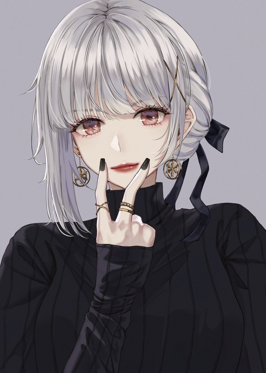 1girl black_nails black_ribbon black_sweater celly_(mogmog_99) closed_mouth commentary earrings english_commentary fake_nails fingernails grey_background grey_hair hair_ribbon hand_up highres jewelry light_smile lipstick long_sleeves looking_at_viewer makeup mismatched_irises portrait red_eyes ribbed_sweater ribbon ring sanhua_(wuthering_waves) simple_background sleeves_past_wrists smile solo sweater tacet_mark_(wuthering_waves) wuthering_waves