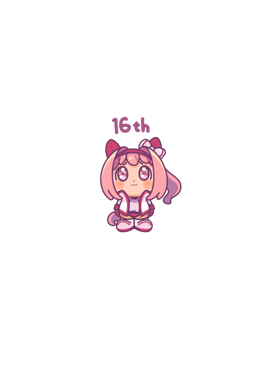 1girl :3 absurdres animal_ears blush_stickers bow buruma chibi closed_mouth commentary ear_bow flower-shaped_pupils full_body gameplay_mechanics gloves gym_shirt gym_uniform hairband haru_urara_(umamusume) highres horse_ears horse_girl horse_tail jacket moko39_takasora open_clothes open_jacket pink_hair ponytail purple_eyes red_buruma red_gloves red_hairband shirt shoes simple_background solo standing symbol-shaped_pupils tail umamusume white_background white_bow white_jacket white_shirt white_shoes