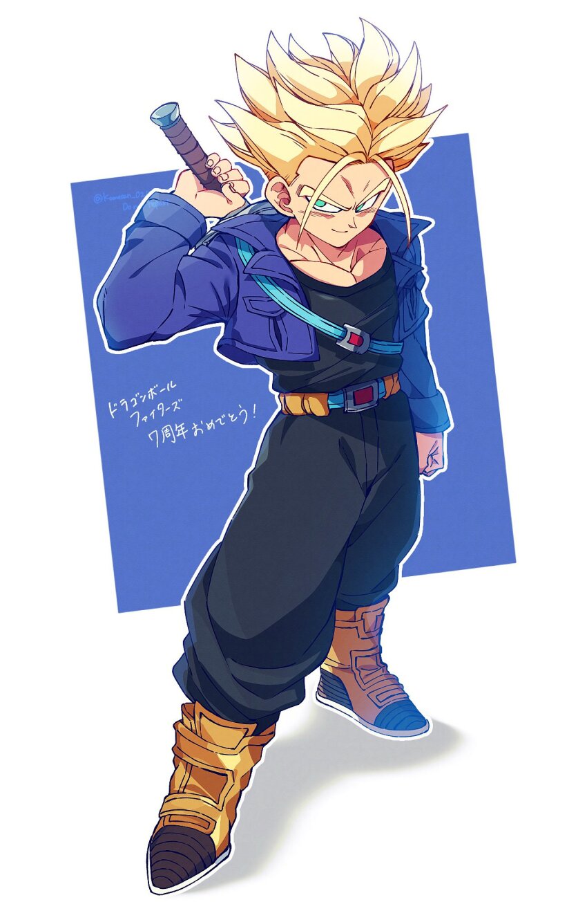 1boy black_pants black_shirt blonde_hair blue_jacket boots dragon_ball dragonball_z green_eyes highres holding holding_sword holding_weapon jacket komesan_0212 muscular muscular_male pants shirt short_hair simple_background solo spiked_hair super_saiyan super_saiyan_1 sword sword_on_back translation_request trunks_(dragon_ball) trunks_(future)_(dragon_ball) weapon weapon_on_back white_background