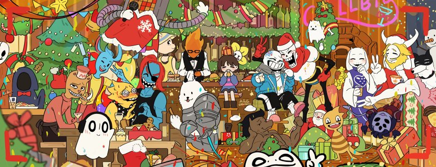 aaron_(undertale) absurdres alphys annoying_dog asgore_dreemurr bar_(place) christmas christmas_tree confetti everyone flowey_(undertale) frisk_(undertale) froggit gift greater_dog guangchen&#039;er highres mettaton mettaton_(box) monster_kid_(undertale) muffet multiple_boys multiple_girls napstablook papyrus_(undertale) party_popper river_person_(undertale) sans_(undertale) toriel undertale undyne viewfinder