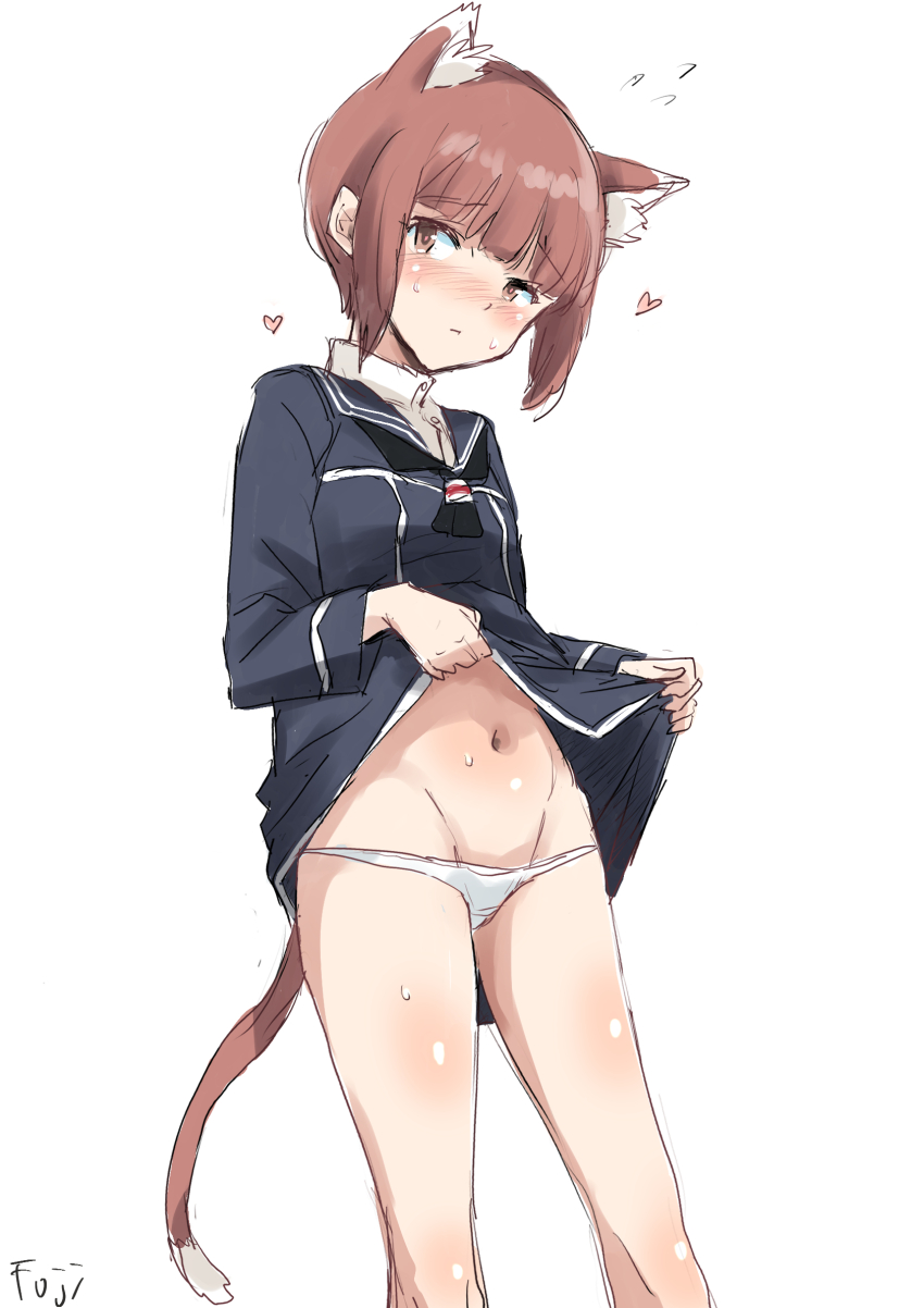 1girl animal_ears blush brown_eyes brown_hair cat_ears cat_tail clothes_lift dress dress_lift fuji_(pixiv24804665) groin heart highres kantai_collection lifting_own_clothes navel panties short_hair simple_background solo tail underwear white_background white_panties z3_max_schultz_(kancolle)