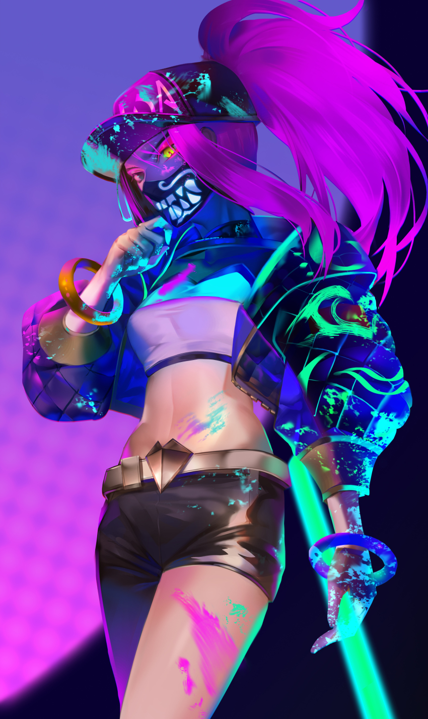 1girl absurdres akali alternate_hairstyle asymmetrical_clothes bad_id bad_pixiv_id bandana bandana_over_mouth baseball_cap belt black_pants bodypaint bracelet breasts colored_sclera female_focus glowstick grey_eyes hand_up hat heterochromia highres jewelry k/da_(league_of_legends) k/da_akali league_of_legends long_hair looking_at_viewer midriff neon official_alternate_costume pants pink_eyes pink_hair shenteita sidelocks single_pantsleg small_breasts solo standing ultraviolet_light yellow_sclera