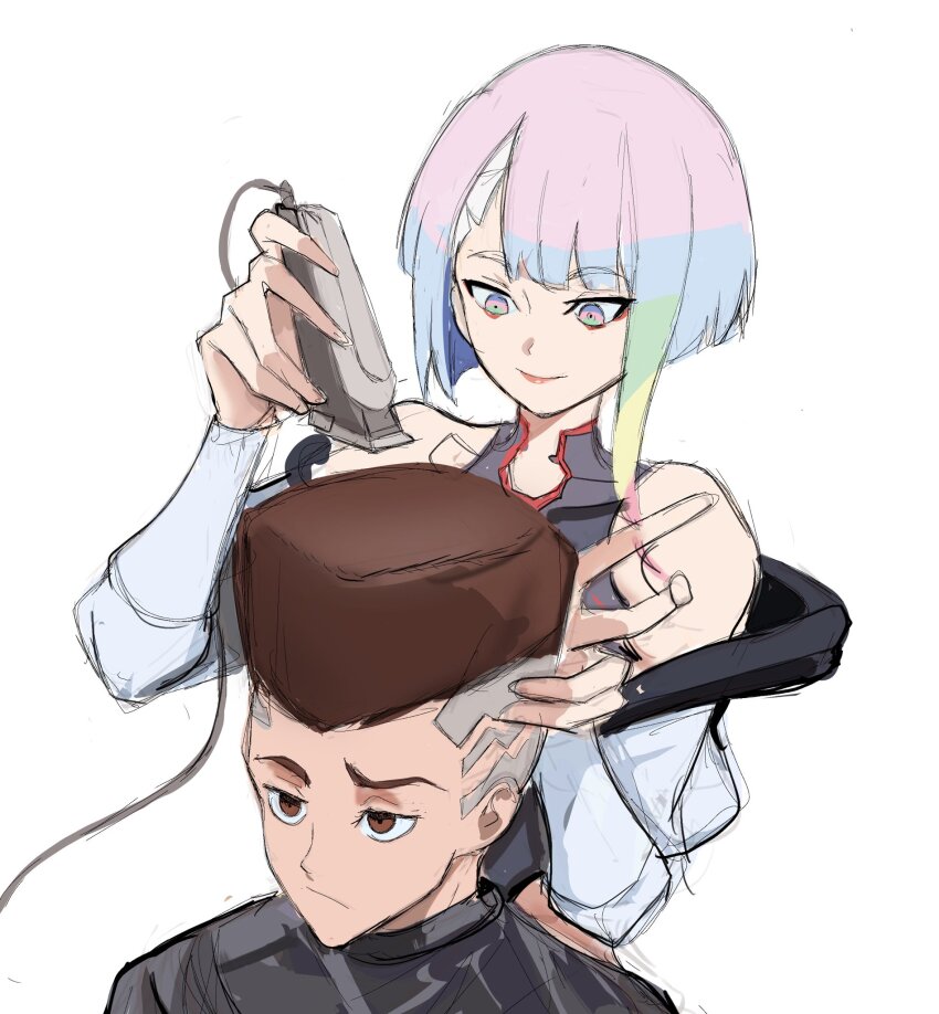 1boy 1girl alternate_hair_length alternate_hairstyle barber barber_cape bare_shoulders brown_hair choso_giving_toudou_a_haircut_(meme) closed_mouth concentrating cutting_another&#039;s_hair cutting_hair cyberpunk cyberpunk_(series) cyberpunk_edgerunners cyborg david_martinez eyeliner fade_(haircut) flattop hair_clipper highres jacket leotard lucy_(cyberpunk) makeup multicolored_eyes multicolored_hair off-shoulder_jacket off_shoulder parted_bangs rakeemspoon red_eyeliner red_lips short_hair simple_background smile tall_hair white_background white_hair