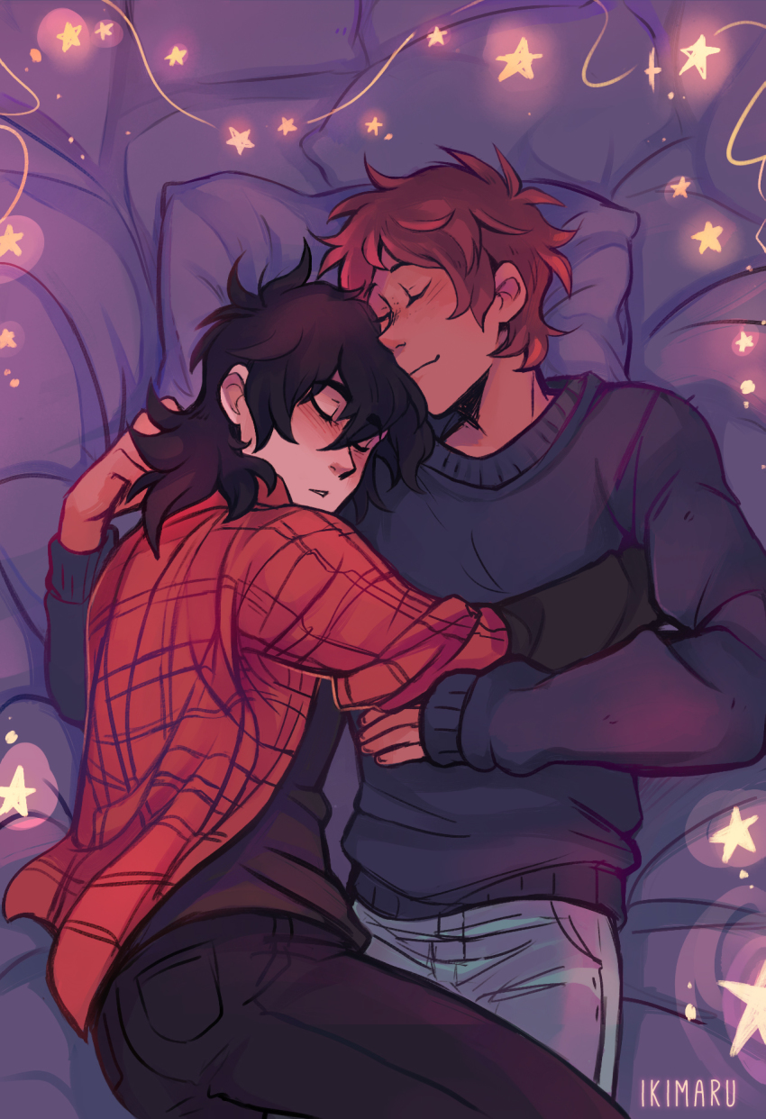 2boys black_hair brown_hair couple cuddling highres hyakujuu-ou_golion ikimaru keith_(voltron) lance_(voltron) multiple_boys sleeping tagme yaoi