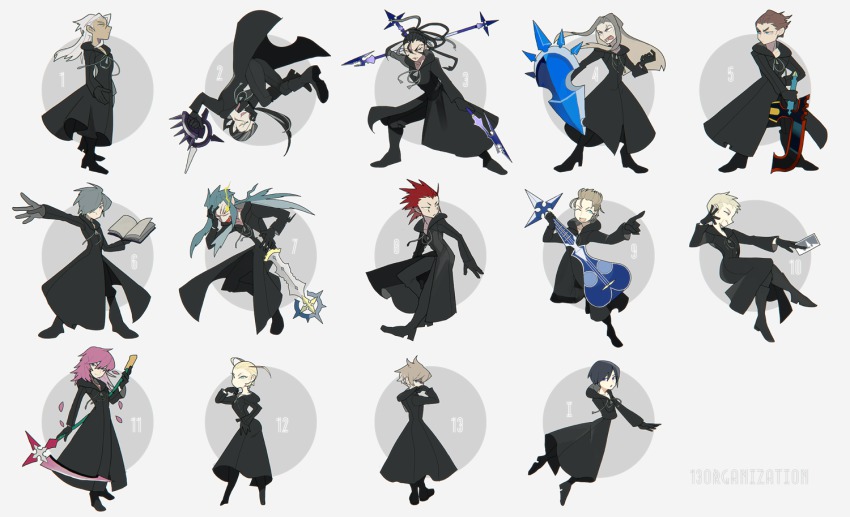 2girls axel bebe book card cloak demyx dual_wielding gun holding hood kingdom_hearts larxene lexaeus luxord marluxia multiple_boys multiple_girls organization_xiii petals polearm rose_petals roxas saix scythe shield spear vexen weapon xaldin xemnas xigbar xion_(kingdom_hearts) zexion