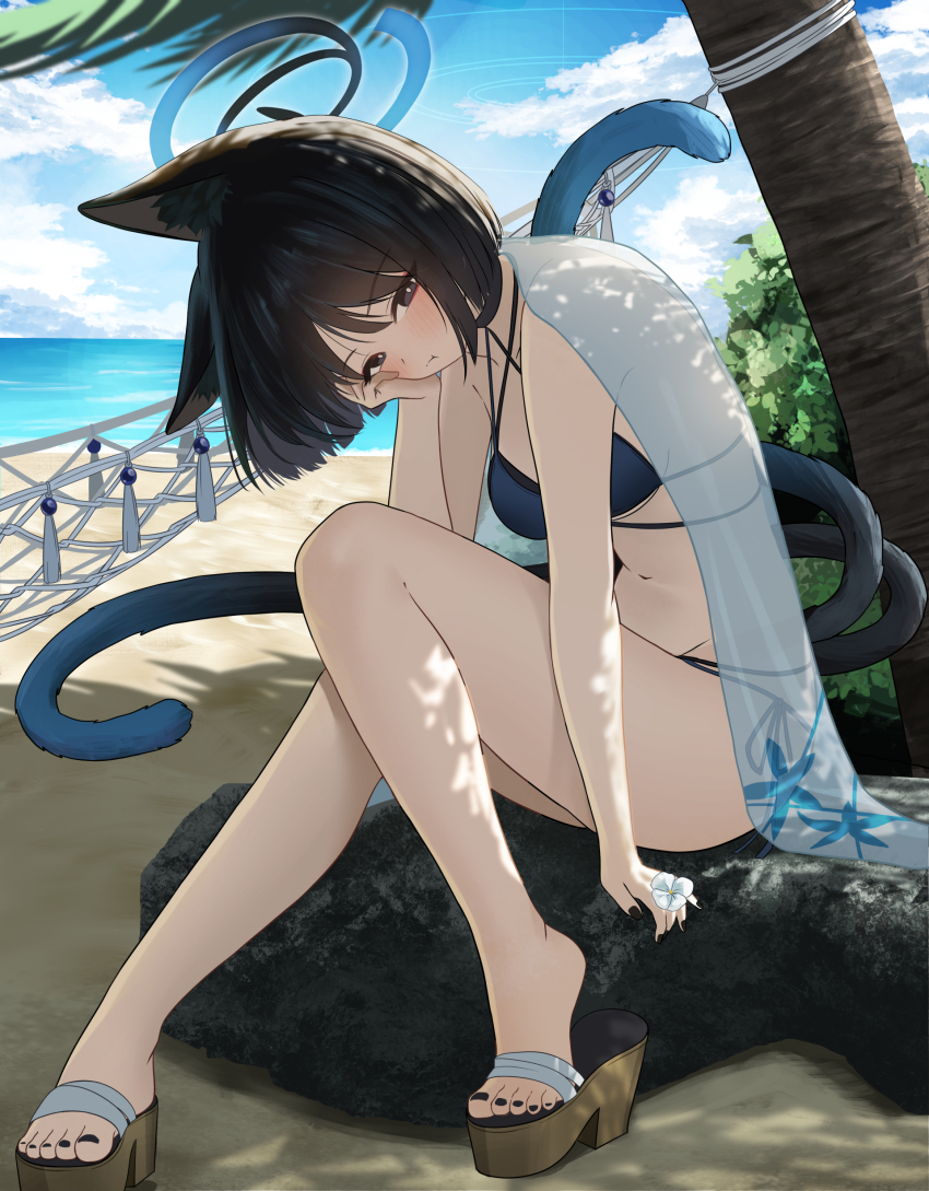 1girl :t absurdres animal_ear_fluff animal_ears bikini black_hair black_nails black_tail blue_archive blue_bikini blue_halo blue_haori blue_sky blue_tail blush cat_ears cat_girl commentary_request criss-cross_halter full_body gradient_tail grey_eyes halo halterneck hand_on_own_cheek hand_on_own_face haori head_rest head_tilt high_heels highres iricci japanese_clothes kikyou_(blue_archive) kikyou_(swimsuit)_(blue_archive) layered_bikini looking_at_viewer multi-strapped_bikini_bottom multiple_tails nail_polish navel ocean on_rock outdoors platform_clogs platform_sandals pout rock sand sandals see-through_clothes short_hair sitting sky solo swimsuit tail toenail_polish toenails two_tails